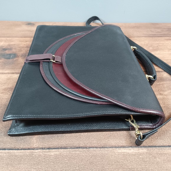 Vintage Tri-Color Leather Briefcase Messenger Bag Black Burgundy Gold Hardware - Picture 4 of 12
